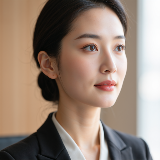 三十五岁左右中年女性头像，穿职业套装，黑色外套，浅色背景，专业技术人员形象